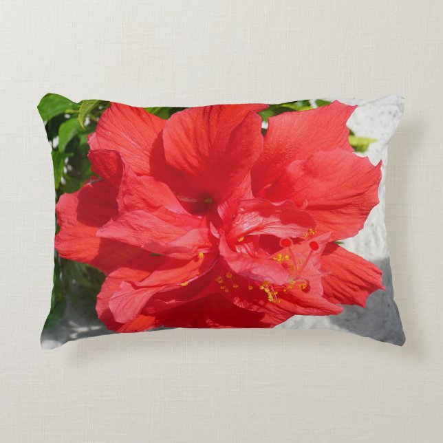 Red Double Hibiscus Flower Decorative Pillow (Front)