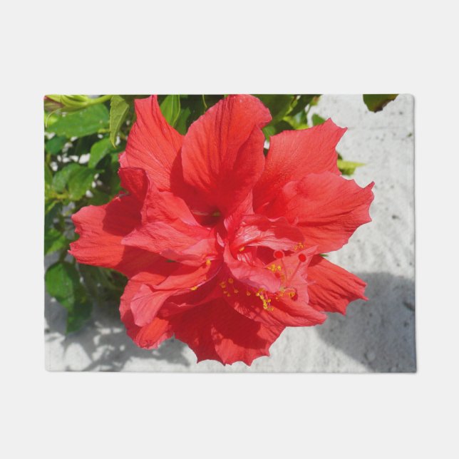 Red Double Hibiscus Flower Doormat (Front)