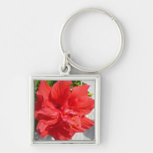 Red Double Hibiscus Flower Keychain