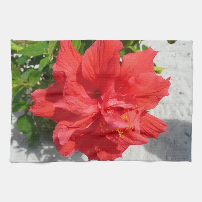 Red Double Hibiscus Flower Kitchen Towel (Horizontal)