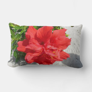 Red Double Hibiscus Flower Lumbar Pillow