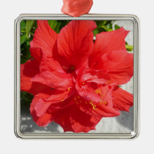 Red Double Hibiscus Flower Metal Ornament