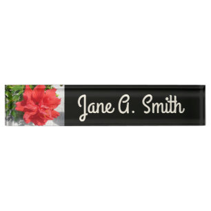 Red Double Hibiscus Flower Nameplate