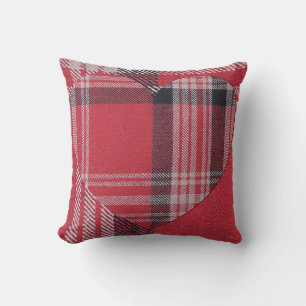 Red Double Plaid Heart Throw Pillow