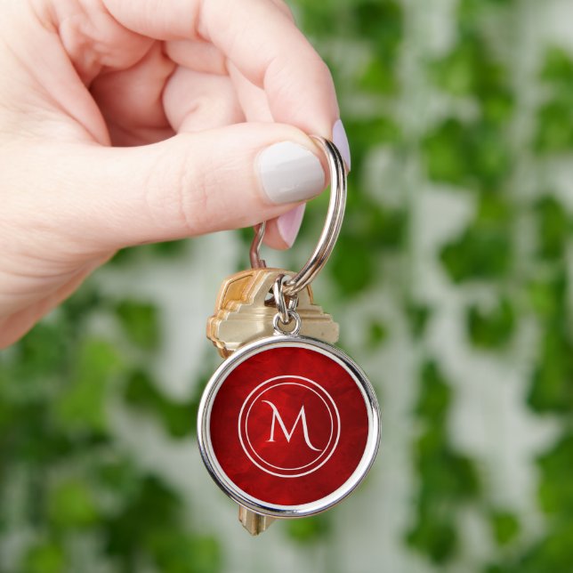 Red Double Silver Frame Monogram Keychain (Hand)