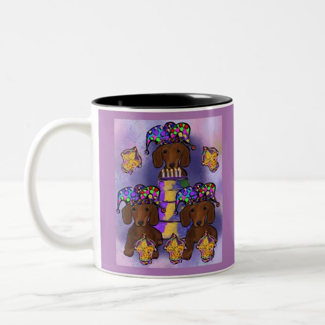 Red Doxie Mardi Gras Two-Tone Coffee Mug (Left)