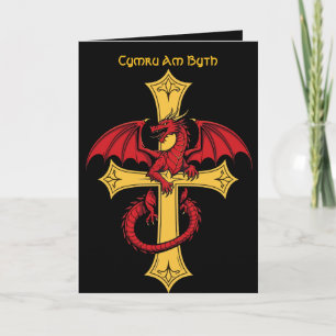 Red Dragon And Medieval Cross Card