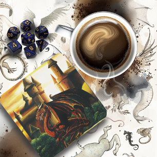 Red Dragon Castle Fantasy Square Paper Coaster