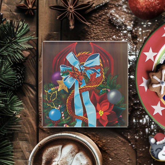 Red Dragon Christmas Wreath Glass Coaster (Creator Uploaded)