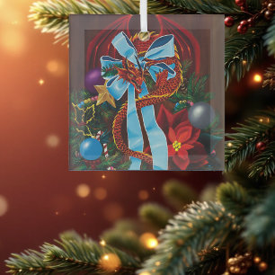 Red Dragon Christmas Wreath Glass Ornament