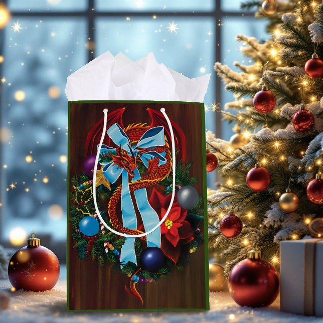 Red Dragon Christmas Wreath Medium Gift Bag (Creator Uploaded)
