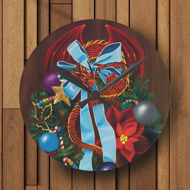 Red Dragon Christmas Wreath Round Clock (Creator Uploaded)