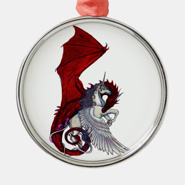 Red Dragon Dragoness Crimson Fantasy Unicorn Horse Metal Ornament (Front)