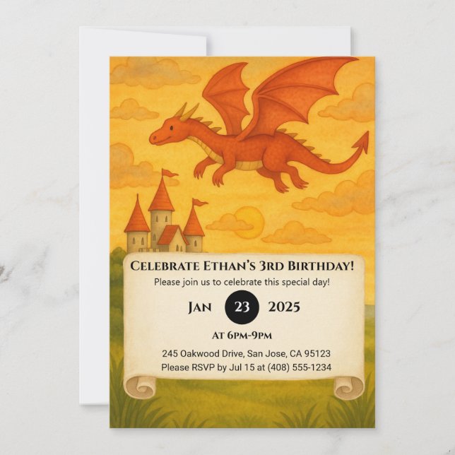 Red Dragon Flying Over Cliffside Castle Birthday Invitation (Front)