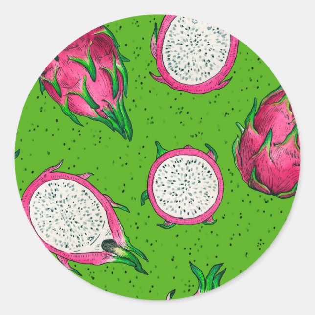 Red dragon fruit on green classic round sticker (Front)