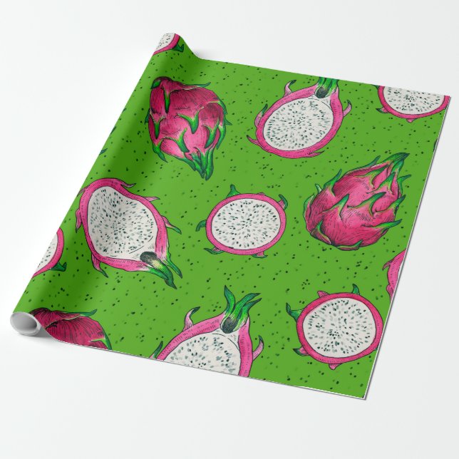 Red dragon fruit on green wrapping paper (Unrolled)