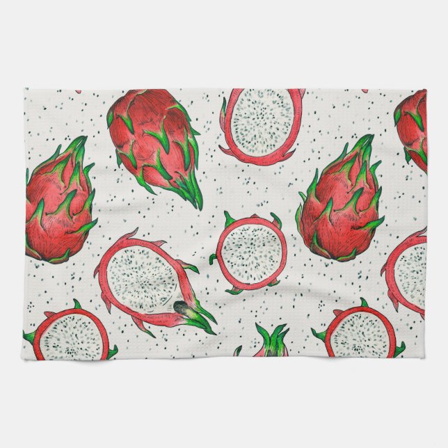 Red dragon fruit on off white kitchen towel (Horizontal)