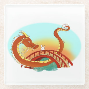 Red Dragon Meets White Cat Glass Coaster