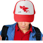 Red dragon name boy trucker hat<br><div class="desc">A red dragon icon on a white background.  Customize and add a name,  black coloured rustic,  comics style fonts/letters</div>