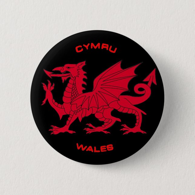 Red Dragon of Wales (Cymru), Black Back 2 Inch Round Button (Front)