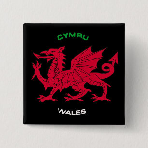 Red Dragon of Wales (Cymru),Black, White,Green 2 Inch Square Button