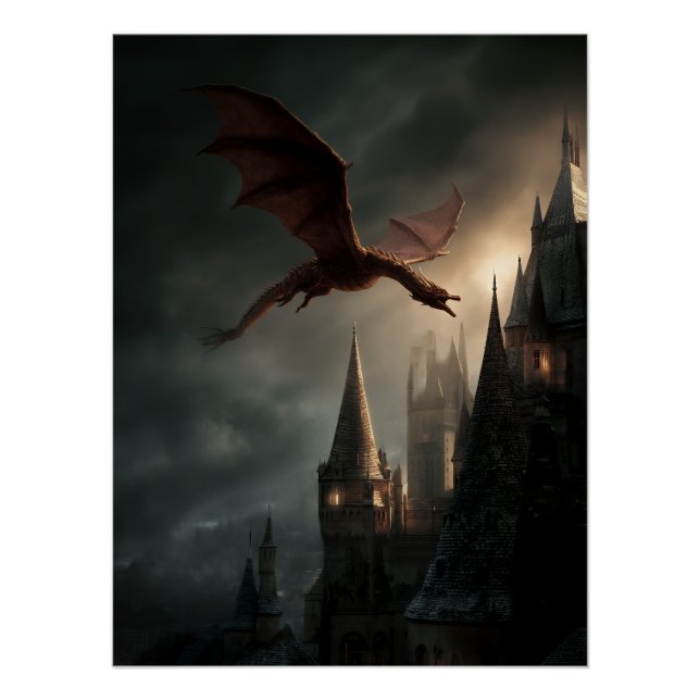 Red Dragon Over Gothic Castle Poster (Front)