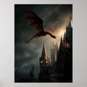 Red Dragon Over Gothic Castle Poster