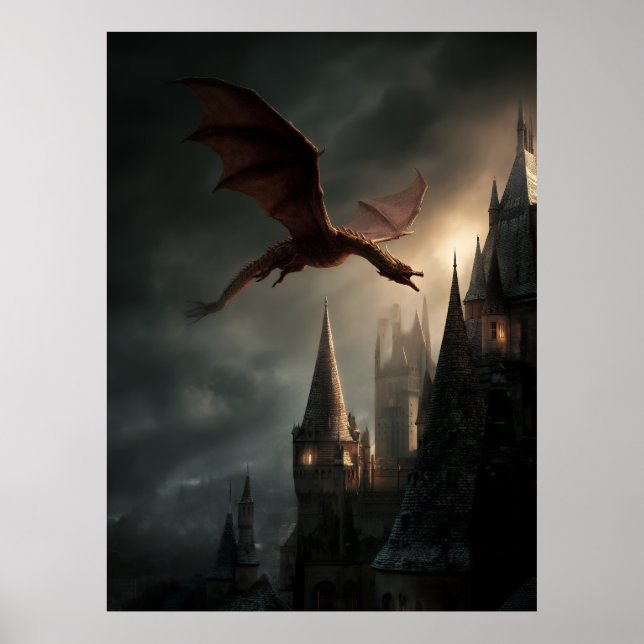 Red Dragon Over Gothic Castle Poster (Front)