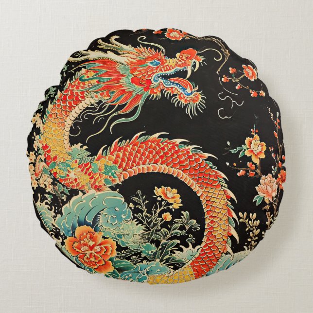 Red Dragon Round Throw Pillow (Front)