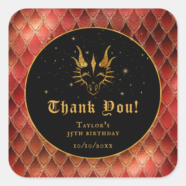 Red Dragon Scales Gold Birthday Thank You Square Sticker (Front)