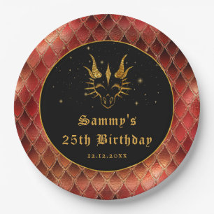 Red Dragon Scales Gold Faux Glitter Birthday Paper Plate