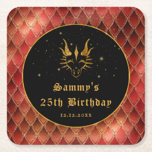 Red Dragon Scales Gold Faux Glitter Birthday Square Paper Coaster