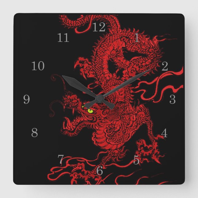 Red Dragon Square Wall Clock (Front)