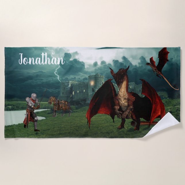 Red Dragon vs Knight Castle Fantasy Personalized Beach Towel (Front)