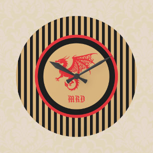 Red Dragon with Regal Gold Black Stripes Monogram Large Clock
