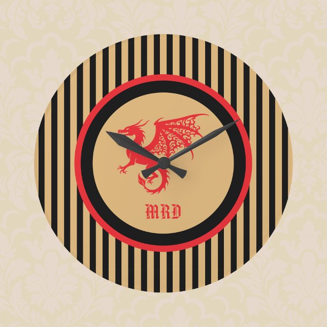 Red Dragon with Regal Gold Black Stripes Monogram Large Clock (Creator Uploaded)