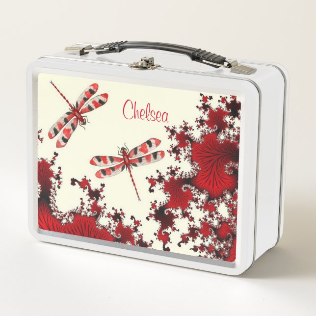 Red Dragonflies Custom Name Lunch Box (Front)