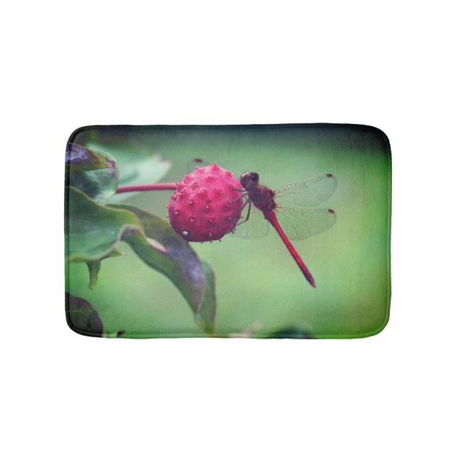 Red Dragonfly On Dogwood Fruit Close Up  Bath Mat (Front)