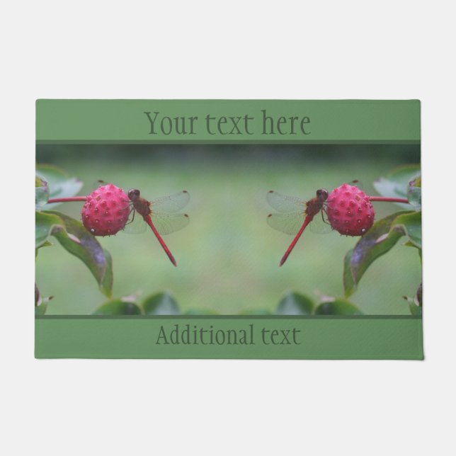 Red Dragonfly On Dogwood Fruit Personalized  Doormat (Front)