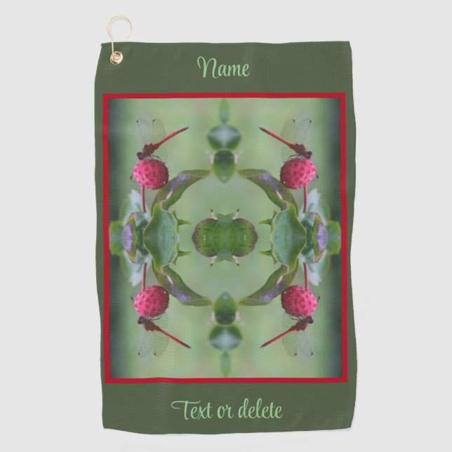 Red Dragonfly On Dogwood Fruit Personalized Golf Towel (Front)