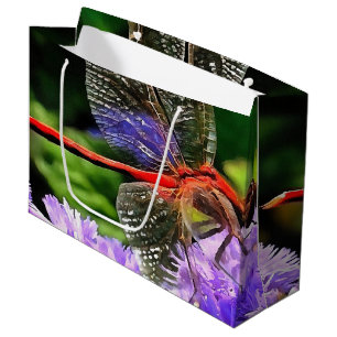 Red Dragonfly on Violet Purple Flowers Large Gift Bag