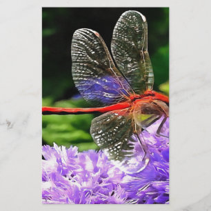 Red Dragonfly on Violet Purple Flowers Stationery