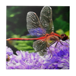 Red Dragonfly on Violet Purple Flowers Tile