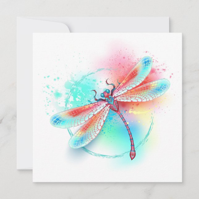 Red dragonfly on watercolor background announcement (Front)