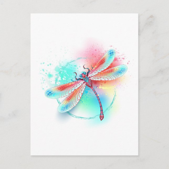 Red dragonfly on watercolor background announcement postcard (Front)