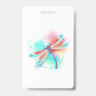 Red dragonfly on watercolor background badge