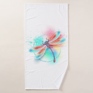 Red dragonfly on watercolor background bath towel