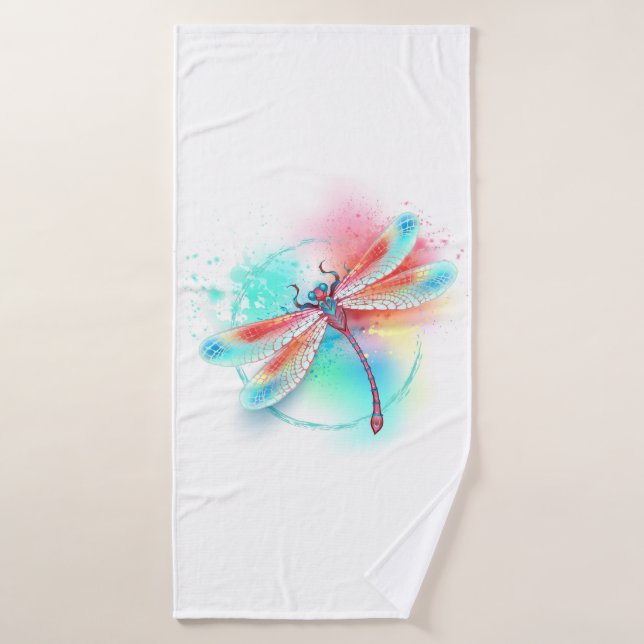 Red dragonfly on watercolor background bath towel (Bath Towel)