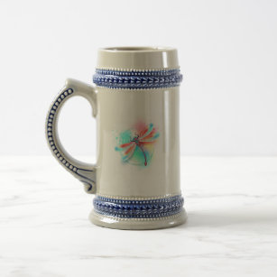 Red dragonfly on watercolor background beer stein