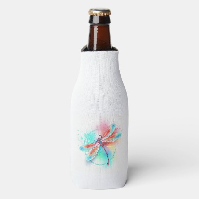 Red dragonfly on watercolor background bottle cooler (Bottle Front)